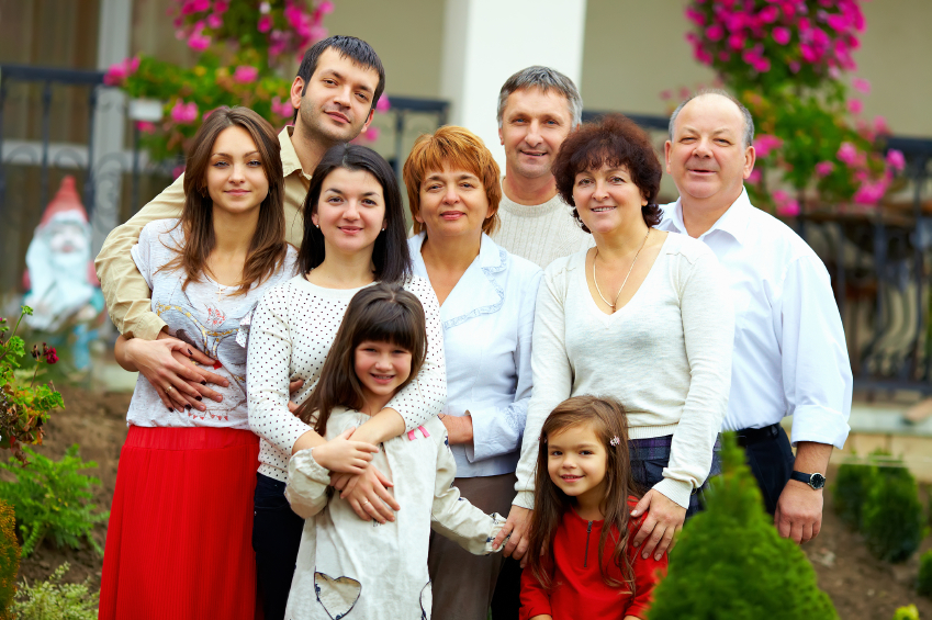 big happy family portrait, at home yard